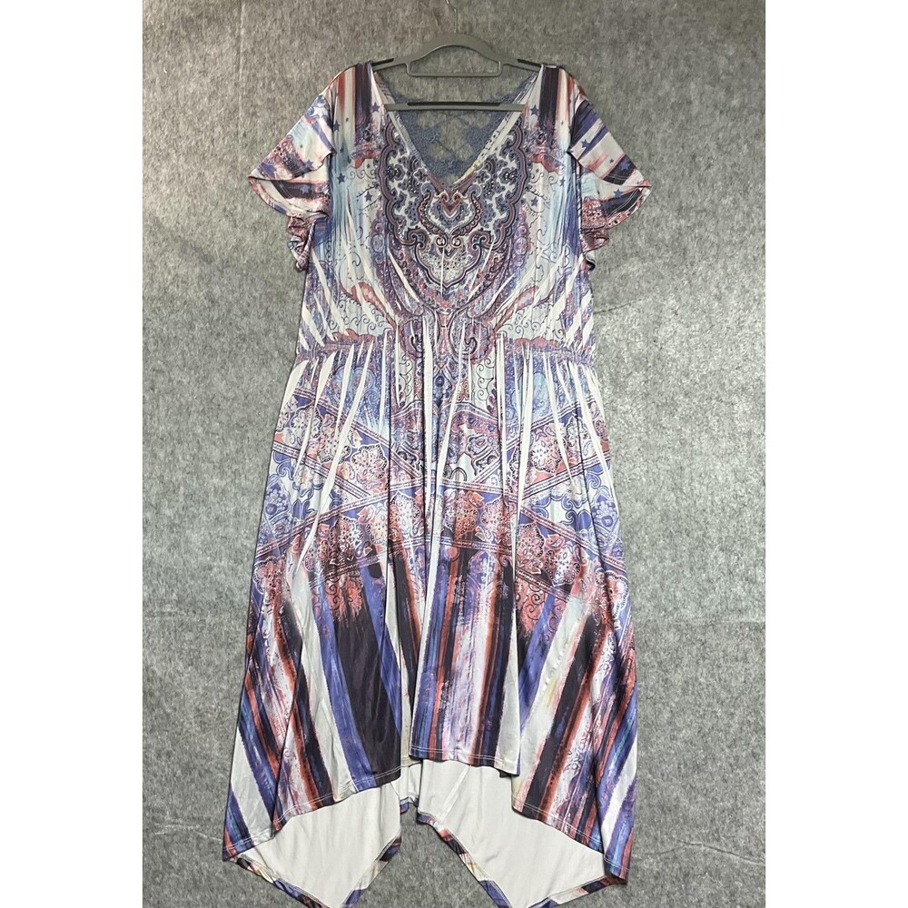 One World Dress Womens Plus 1X Multicolor Geometric Hi-Low Trapeze Swing Boho